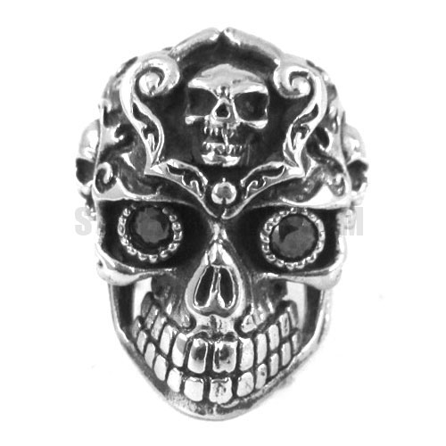 Gothic Stainless Steel Black Eyes Stone Skull Ring SWR0287 - Click Image to Close